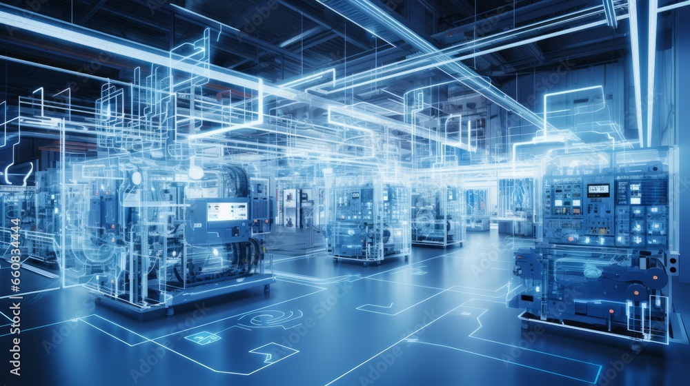 A factory floor with interconnected machines and sensors, exemplifying the implementation of IIoT in manufacturing. A factory floor with interconnected machines and sensors, exemplifying the implementation of IIoT in manufacturing.
