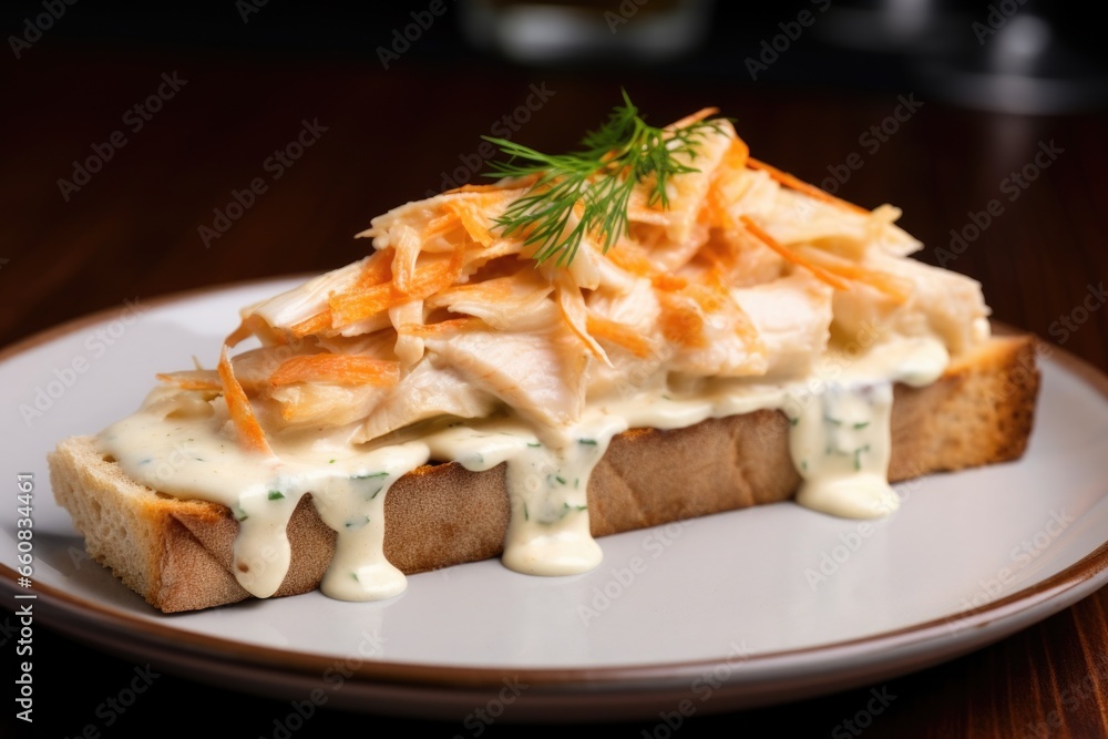 toasted sourdough slice with crabmeat and creamy sauce toasted sourdough slice with crabmeat and creamy sauce
