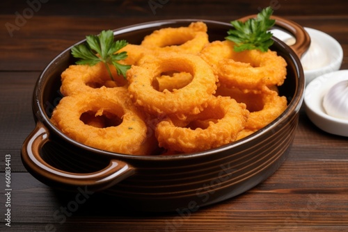 onion rings neatly arranged in a ceramic dish