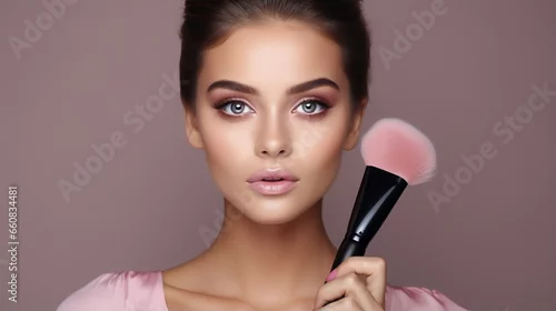 Obraz Attractive young woman wearing headband holding makeup blusher brush and applying makeup to face - Generative AI