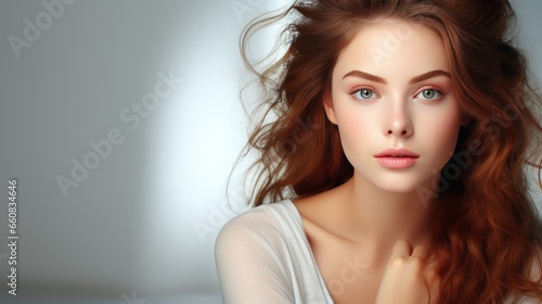 Portrait beautiful perfect woman with beautiful. and perfect skin, cosmetics, skincare, makeup, wellness concept with empty copy space for text background color studio