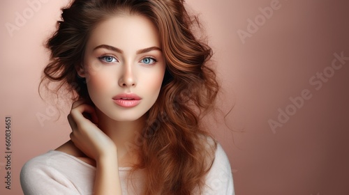 Portrait beautiful perfect woman with beautiful. and perfect skin  cosmetics  skincare  makeup  wellness concept with empty copy space for text background color studio