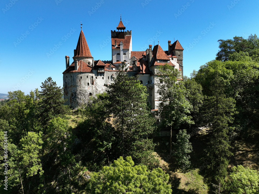 An aerial view of Bran Castle in Transylvania, Romania. Surrounded by a forested landscape under a tranquil blue sky, the medieval fortress exudes a timeless aura of history and resilience.