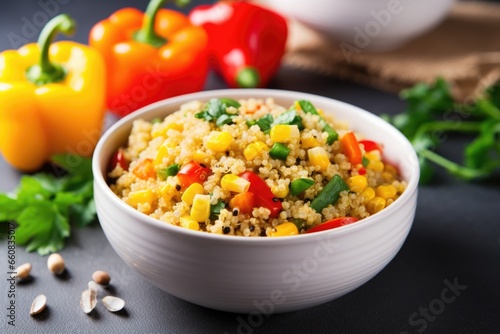 bowl of quinoa with mixed bell peppers and sweet corn