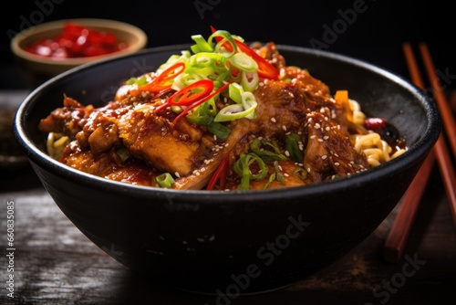 spicy chicken ramen in a glazed ceramic bowl