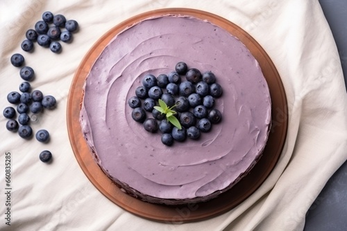 top view of a blueberry raw vegan cake on a gray tablecloth