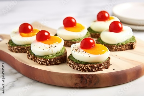 poached eggs on avocado toast with cherry tomatoes on a marble slab
