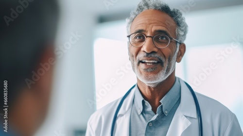 Elderly physician discussing healthcare with a patient.
