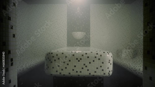 There is an empty hammam � a Turkish steam sauna. Its interior is modern � tiled and white. The hammam has one lamp on the wall.