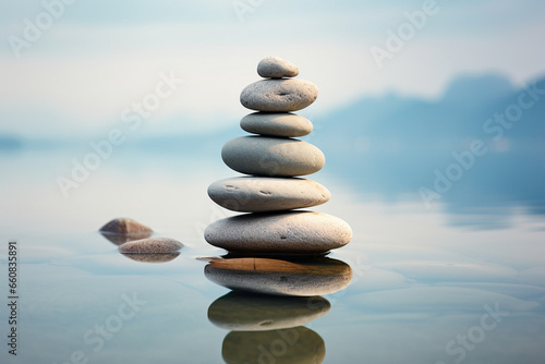 minimalist arrangement of balanced stones in a serene natural setting, representing the equilibrium achieved through meditation and mindfulness.