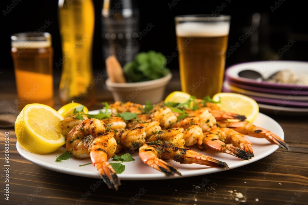grilled shrimp skewers with herb marinade alongside saison beer