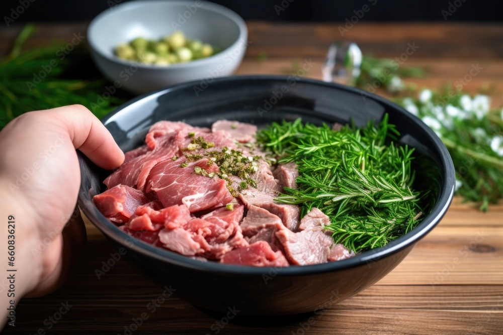 hand layering herb-marinated meat in bowl hand layering herb-marinated meat in bowl