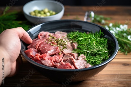 hand layering herb-marinated meat in bowl