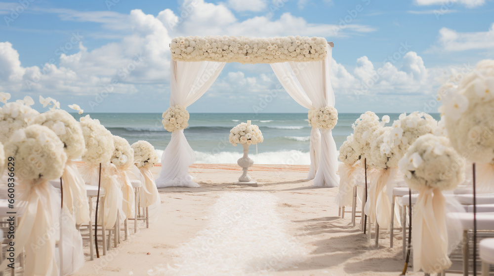 glamourous beach wedding ceremony flower decor, the background of the sea - Generative AI - obrazy, fototapety, plakaty 