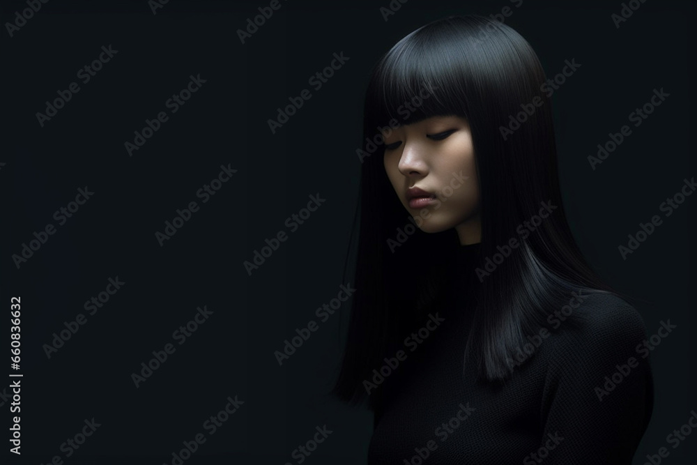 long hair asia girl, close up half profile shot in the darkness with very little light, dramatic pose - Generative AI