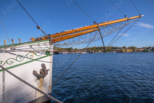 Moored sailing boat at a pier on the island Skeppsholmen, a sunny autumn day in Stockholm