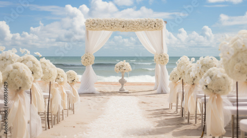 glamourous beach wedding ceremony flower decor, the background of the sea - Generative AI