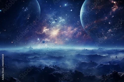Wallpaper depicting a dazzling cosmic scene in science fiction genre, showcasing infinite space. Generative AI
