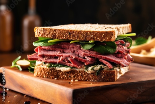 a tall roast beef sandwich on rye bread, on a rectangular board