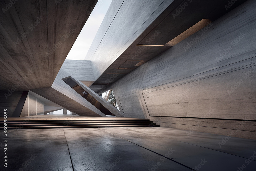Obraz premium Modern architecture. Concept sketch. Futuristic. The material is cement. Cyborg. Detailed texture. Super rich in details. Minimalism. Beautiful light and shadow details. - Generative AI