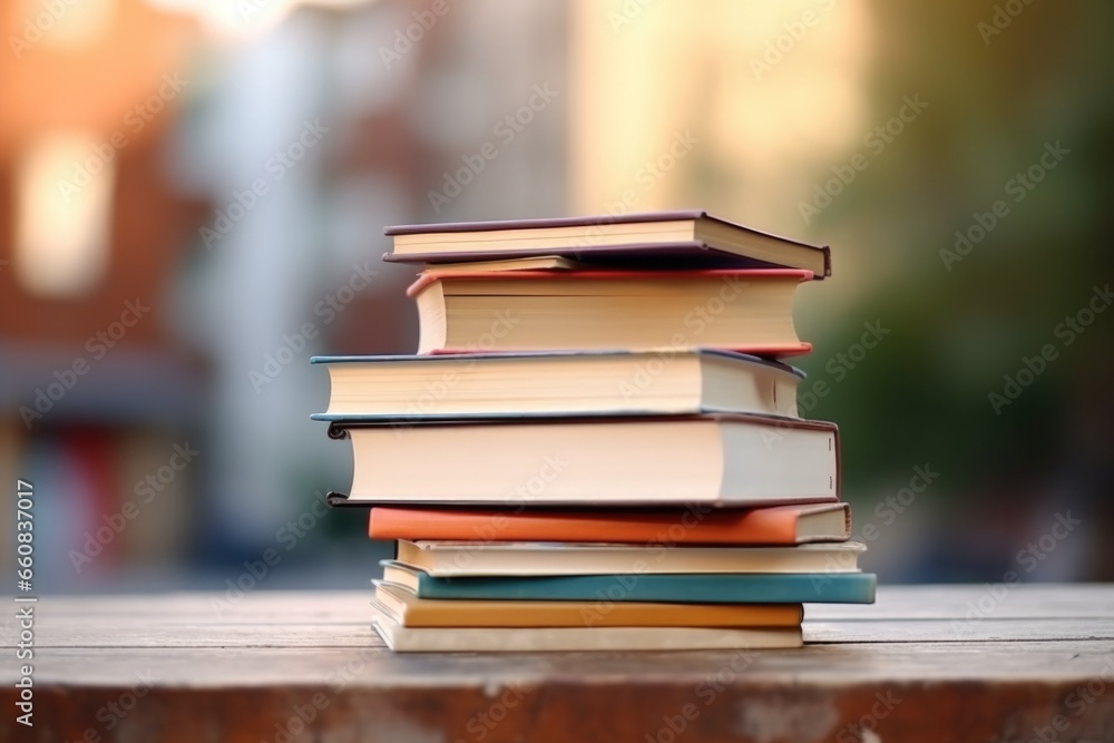 books stacked on a box with blurred background books stacked on a box with blurred background