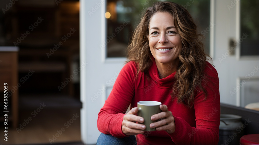 front view of a 48-year-old long-haired American woman sitting in her kitchen wearing a long - sleeve red top and looking very happy and smiling with her high quality cup of coffee she - Generative AI - obrazy, fototapety, plakaty 