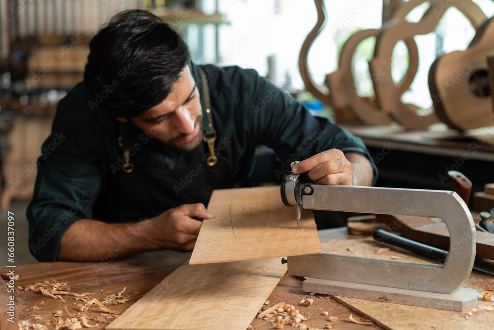 Spruce wood board measurement with thickness gauge by guitar luthier Spruce wood board measurement with thickness gauge by guitar luthier