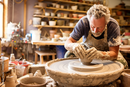 Making Pottery on Pottery Wheel, Man - Generative AI