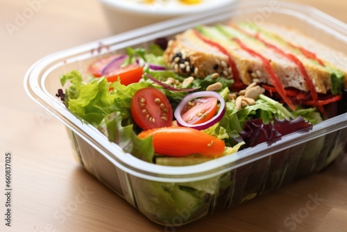sandwich with fresh salad in a transparent to-go box
