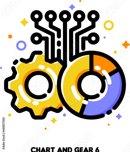Pie chart and gear icon for concept of cybersecurity and digital adoption to generate revenue. Flat filled outline style. Pixel perfect 64x64. Editable stroke