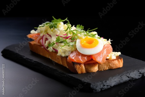 open-faced sandwich filled with coleslaw on black slate