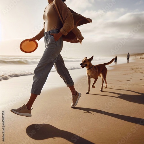 Woman taking a walk holding a freisbee with a dog
