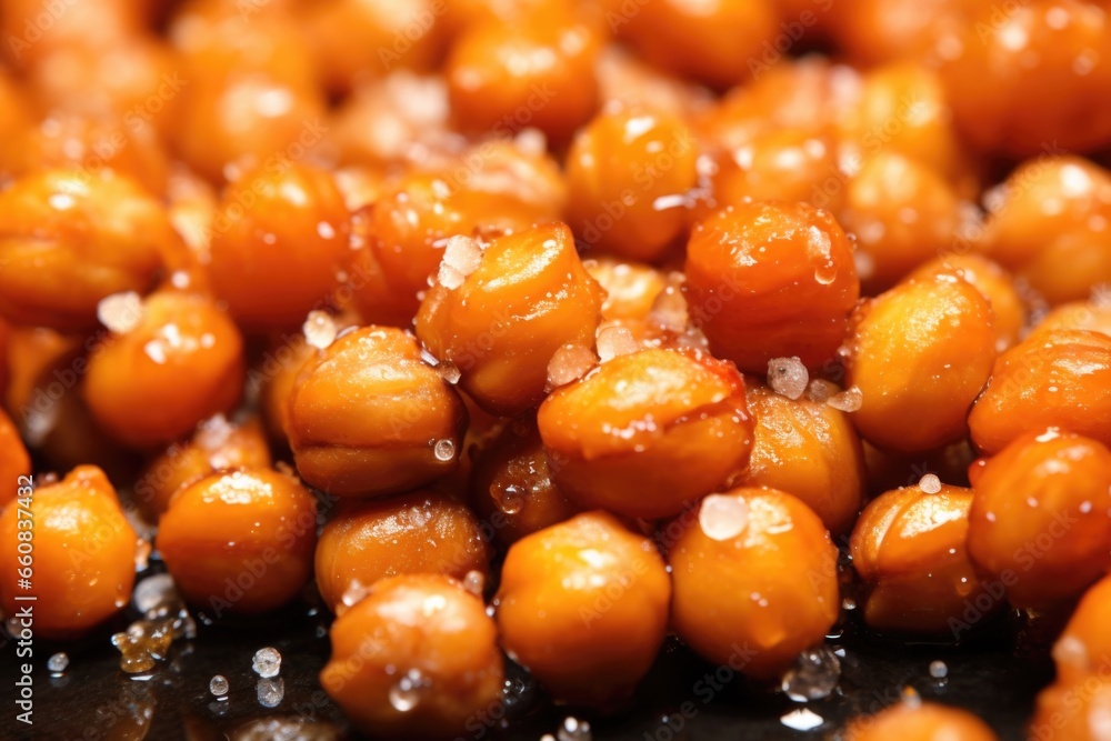 close-up shot of roasted chickpeas sprinkled with sea salt close-up shot of roasted chickpeas sprinkled with sea salt