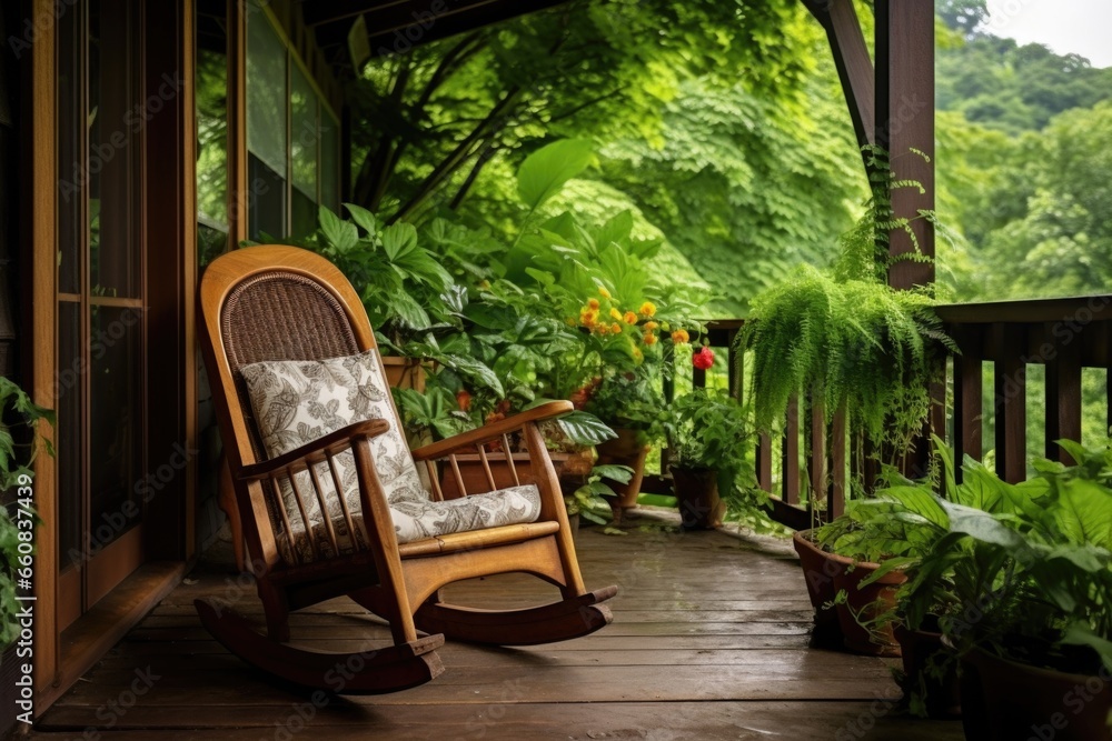rocking chair placed against a wooden patio railing with lush greenery in the background