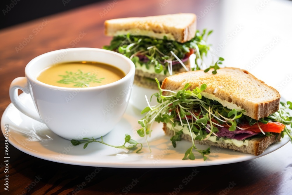 sandwich with microgreens accompanied by a bowl of soup sandwich with microgreens accompanied by a bowl of soup