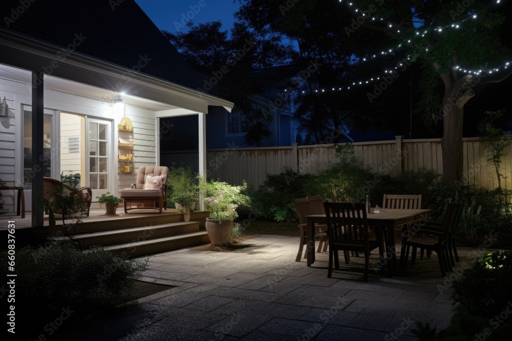 a well-lit backyard with a motion-sensor light activated