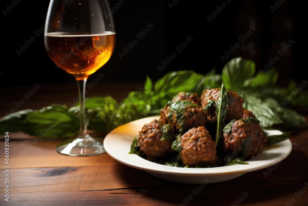 herb-infused meatballs served with a tall glass of saison herb-infused meatballs served with a tall glass of saison