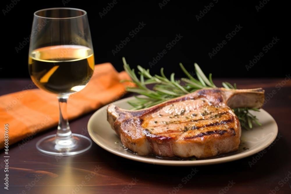 rosemary marinated pork chops beside a glass of saison rosemary marinated pork chops beside a glass of saison