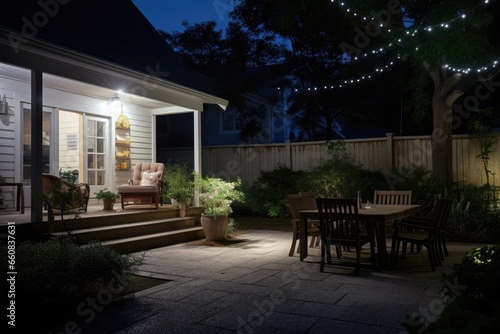 a well-lit backyard with a motion-sensor light activated