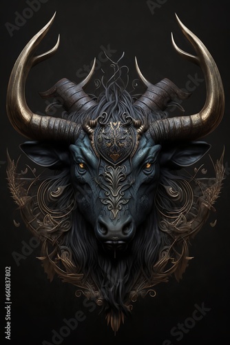The bull's horns are sharp and curved, and its shield is large and sturdy, suggesting that it is a powerful and well-protected creature.