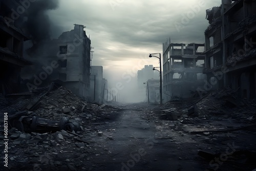 A post-apocalyptic ruined city. Destroyed buildings, burnt-out vehicles and ruined roads. 3D rendering. generative ai