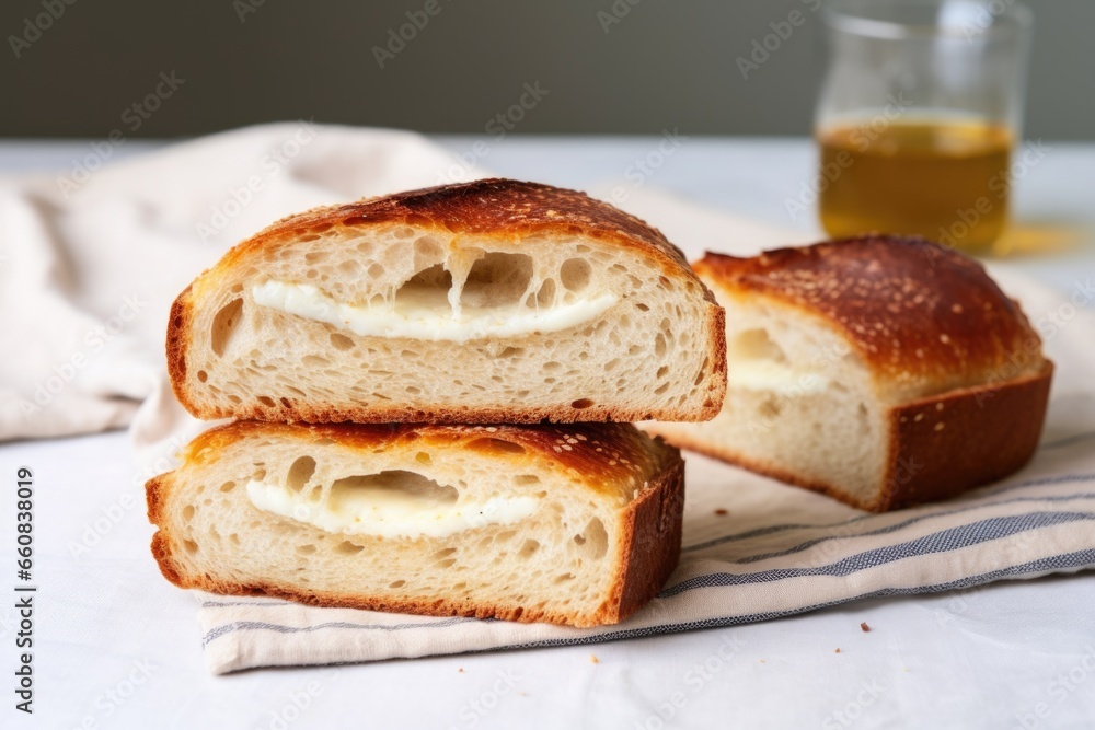 two halves of a sourdough bread sandwich on a linen tablecloth