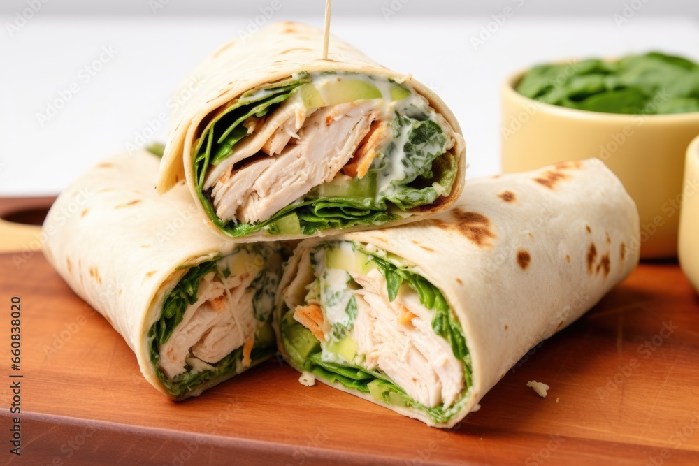 wrap with sliced grilled chicken, lettuce, and caesar dressing wrap with sliced grilled chicken, lettuce, and caesar dressing
