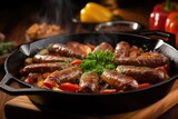 morning breakfast sausages sizzling on a large skillet