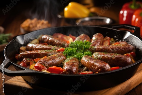 morning breakfast sausages sizzling on a large skillet