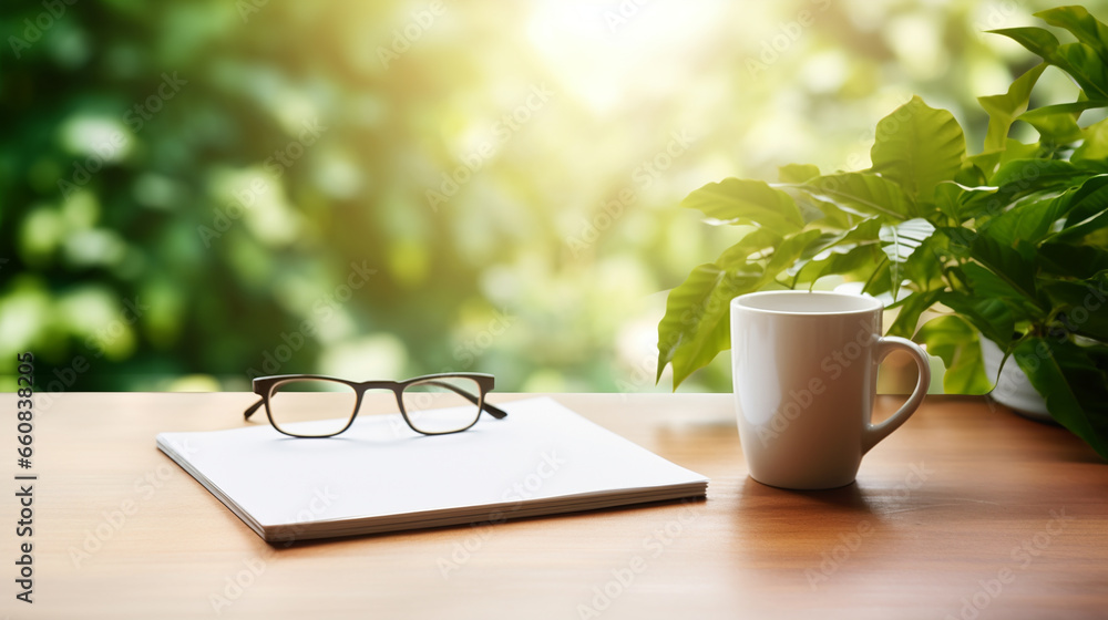 Office desk workplace with coffee cup, notepad and glasses on wooden background. Top view with copy space copy space - Generative AI Office desk workplace with coffee cup, notepad and glasses on wooden background. Top view with copy space copy space - Generative AI