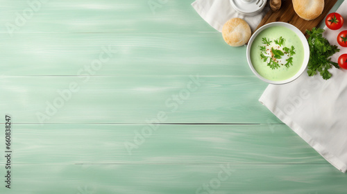 Cookies, soup, vegetables, cherry tomatoes, light green wood table background - Generative AI