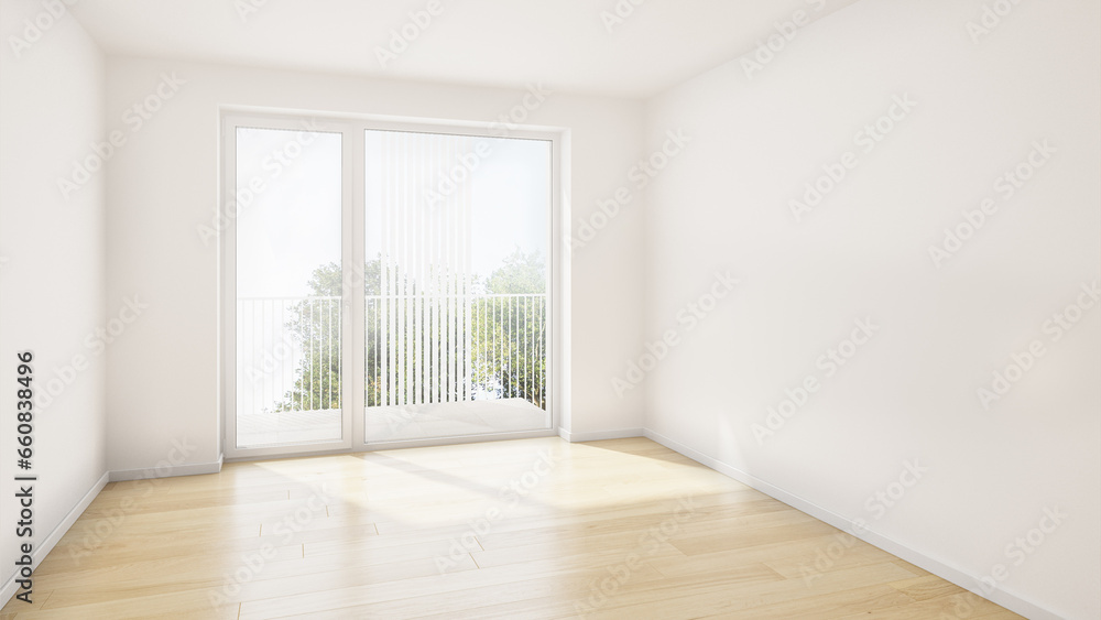 Empty room with window, balcony and white walls Empty room with window, balcony and white walls