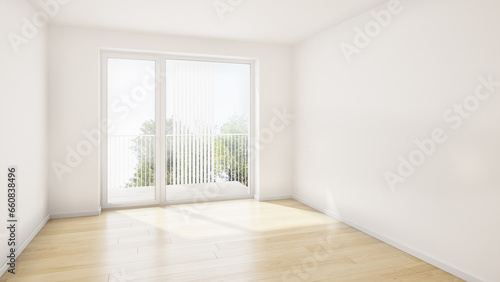 Empty room with window, balcony and white walls