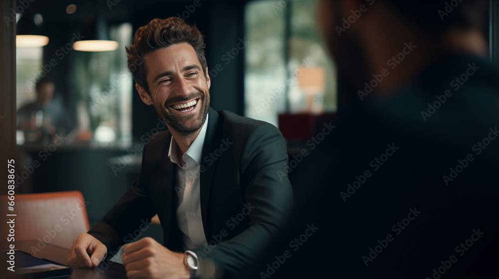 Fototapeta premium Someone talking to bank assosciate in office sitting down smiling stalking - Generative AI